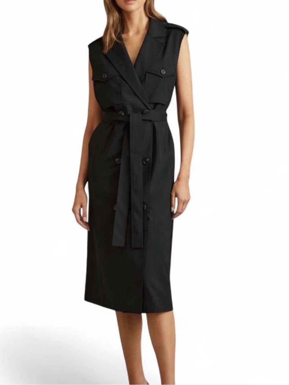 Reiss Kimora Black Wool Blend Double Breasted Midi Trench Dress Sz US 10 NEW